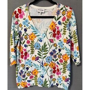 Leo & Ugo Paris Sweater Top Women Size 3 M/L Multicolor Floral V Neck 3/4 Sleeve